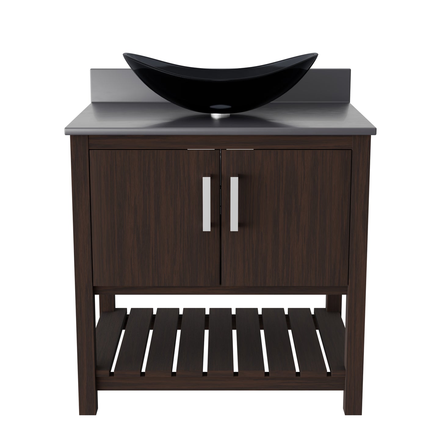 30-inch Novatto bath vanity with storm grey quartz countertop and integrated sink, showcasing sleek bathroom accessory design.
