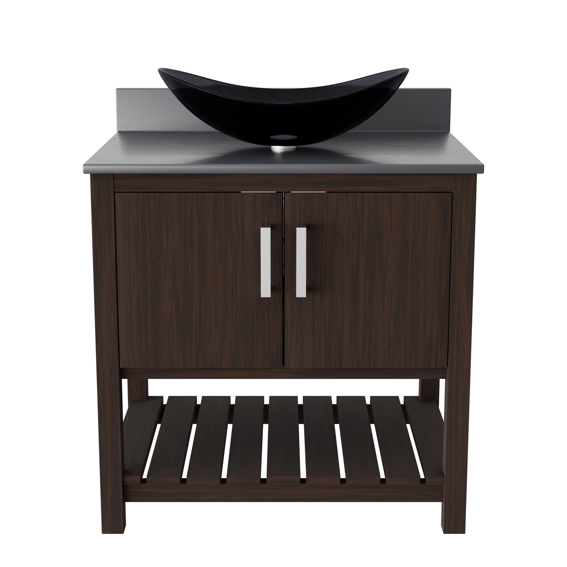 30-inch Novatto bath vanity with storm grey quartz countertop and integrated sink, showcasing sleek bathroom accessory design.