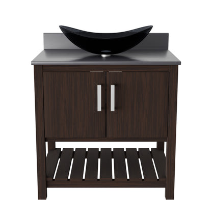 30-inch Novatto bath vanity with storm grey quartz countertop and integrated sink, showcasing sleek bathroom accessory design.