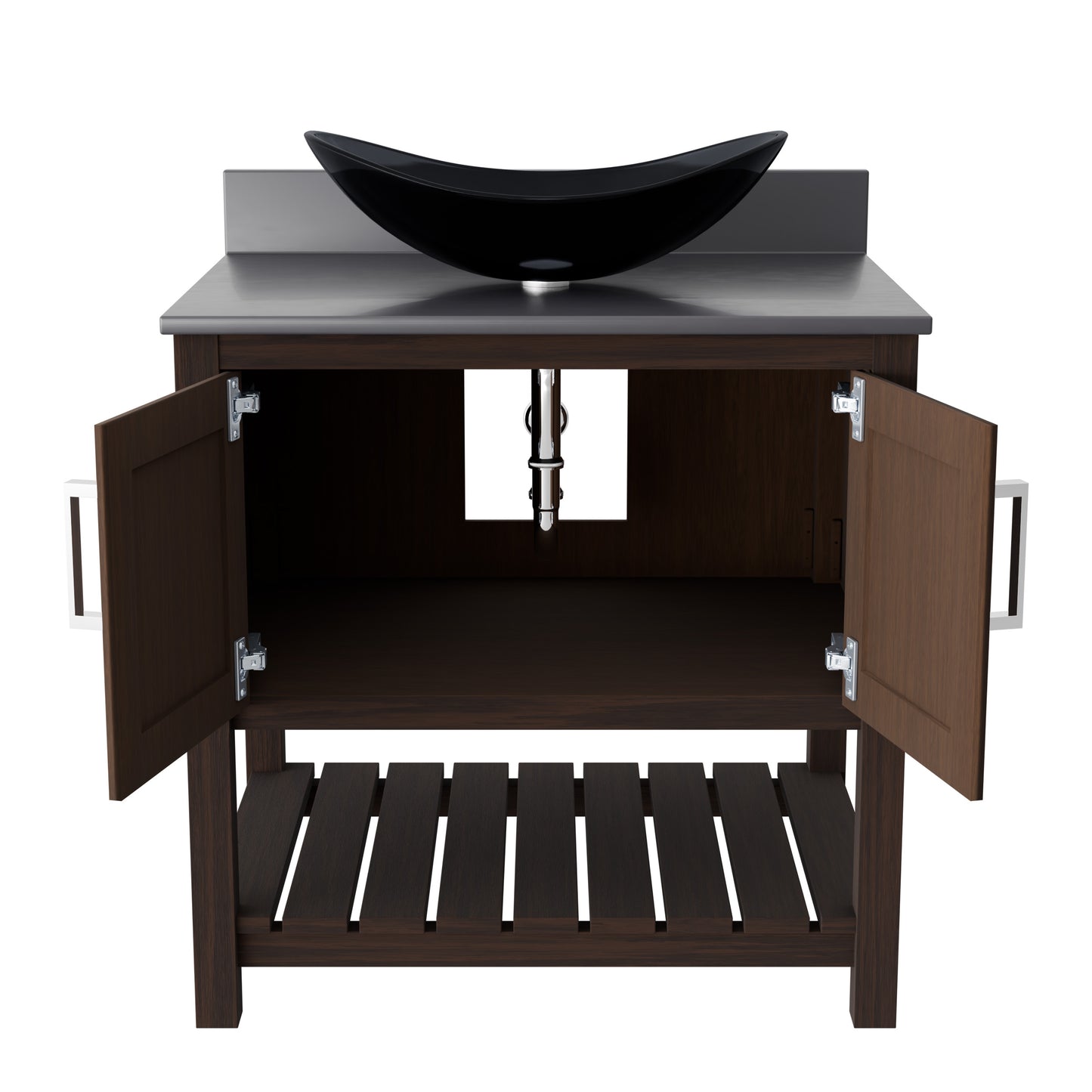 30-inch Novatto bathroom vanity with storm grey quartz countertop and sink, showcasing sleek accessory design and modern style.