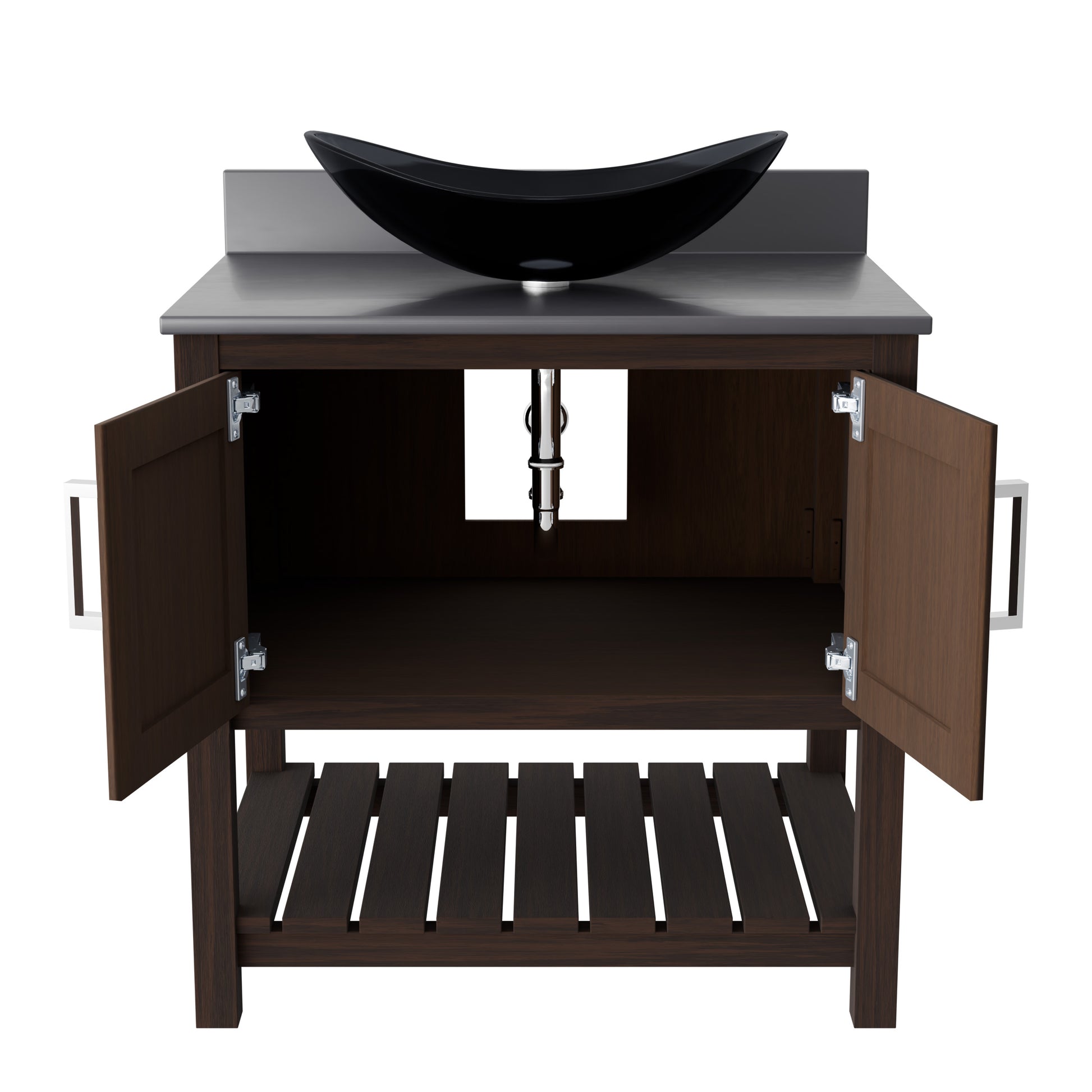 30-inch Novatto bathroom vanity with storm grey quartz countertop and sink, showcasing sleek accessory design and modern style.