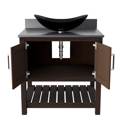 30-inch Novatto bathroom vanity with storm grey quartz countertop and sink, showcasing sleek accessory design and modern style.