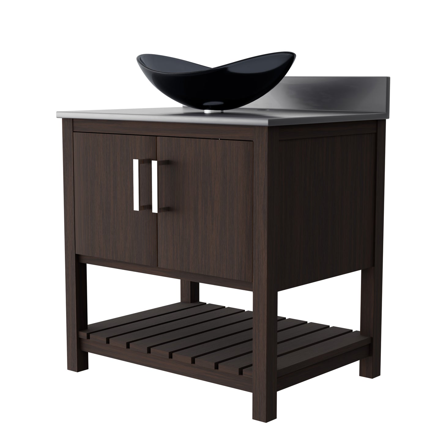30-inch Novatto bath vanity with storm grey quartz countertop and sink, showcasing sleek bathroom accessory design.