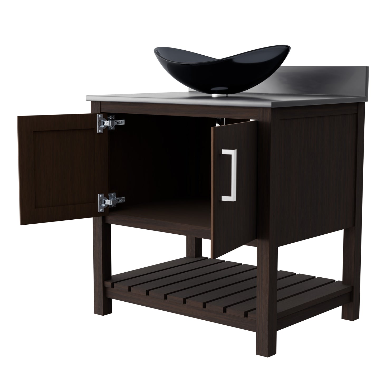 30-inch Novatto bath vanity with storm grey quartz countertop and integrated sink, modern bathroom accessory.