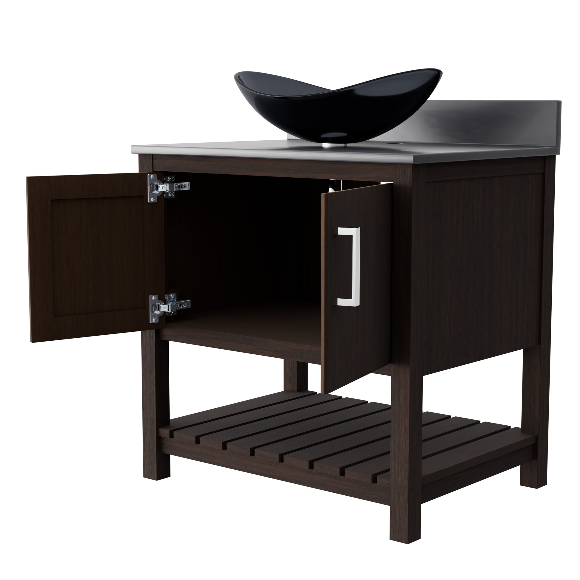 30-inch Novatto bath vanity with storm grey quartz countertop and integrated sink, modern bathroom accessory.