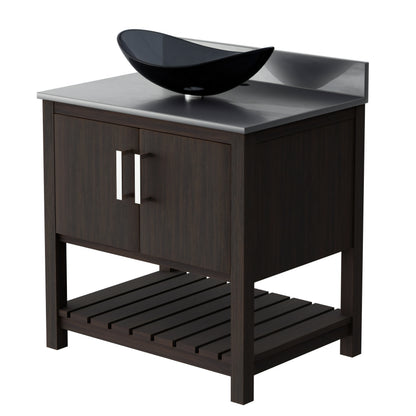 30-inch Novatto bath vanity with storm grey quartz countertop and sink, showcasing sleek bathroom accessory design.