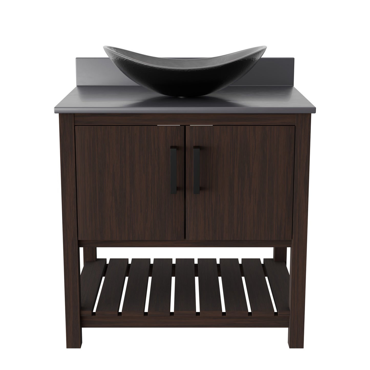Novatto 30-inch bath vanity with storm grey quartz countertop and sink, showcasing sleek bathroom accessory design.