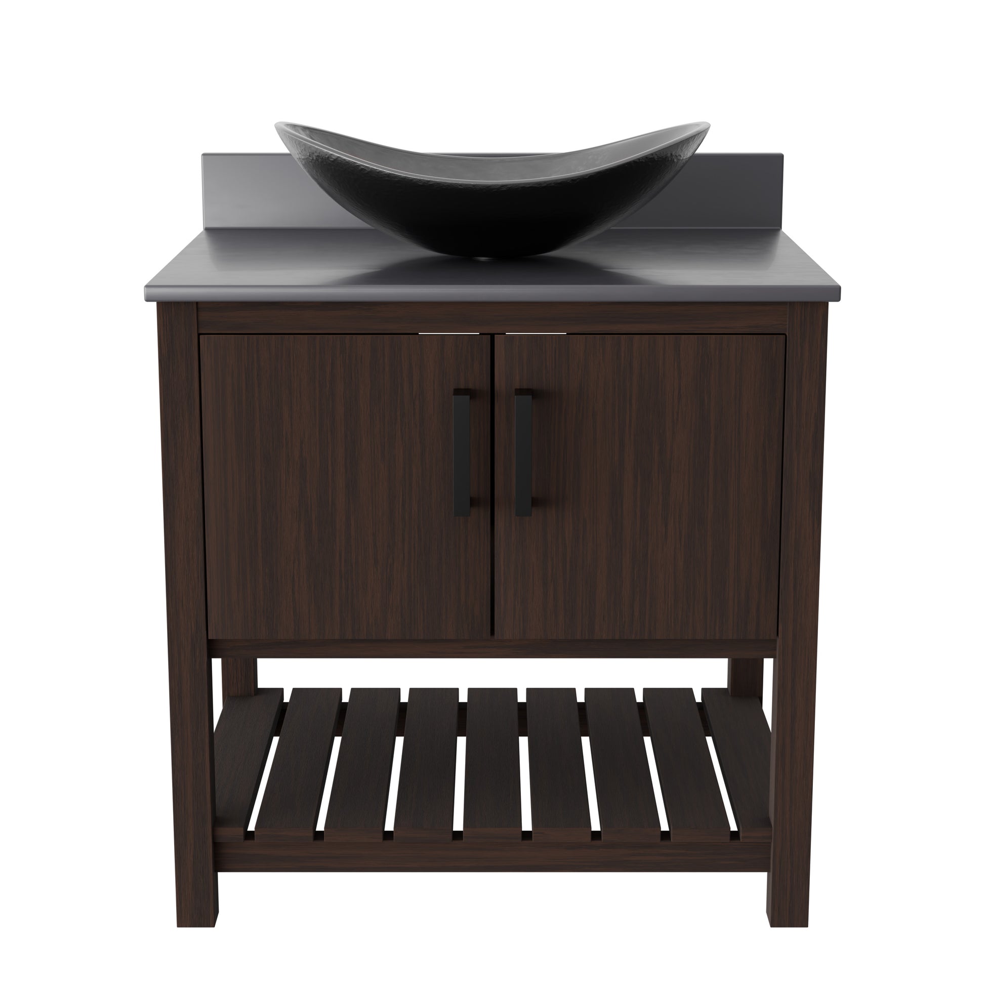Novatto 30-inch bath vanity with storm grey quartz countertop and sink, showcasing sleek bathroom accessory design.