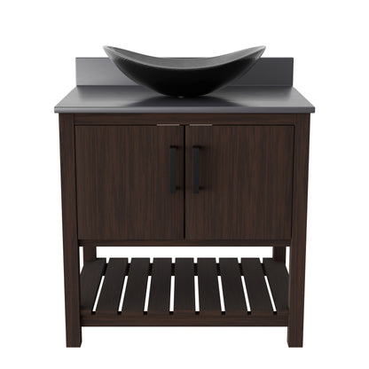 Novatto 30-inch bath vanity with storm grey quartz countertop and sink, showcasing sleek bathroom accessory design.