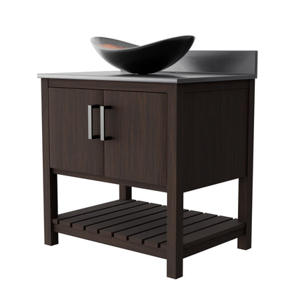 Novatto 30-inch bath vanity with storm grey quartz countertop and sink, showcasing sleek bathroom accessory design.