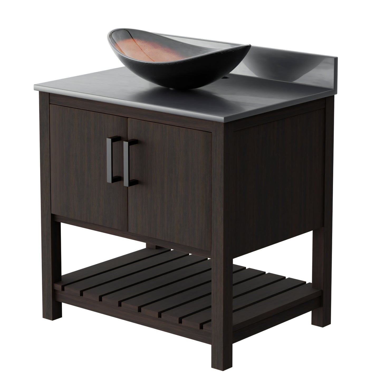 30-inch Novatto bath vanity with storm grey quartz countertop and integrated sink, modern bathroom accessory.