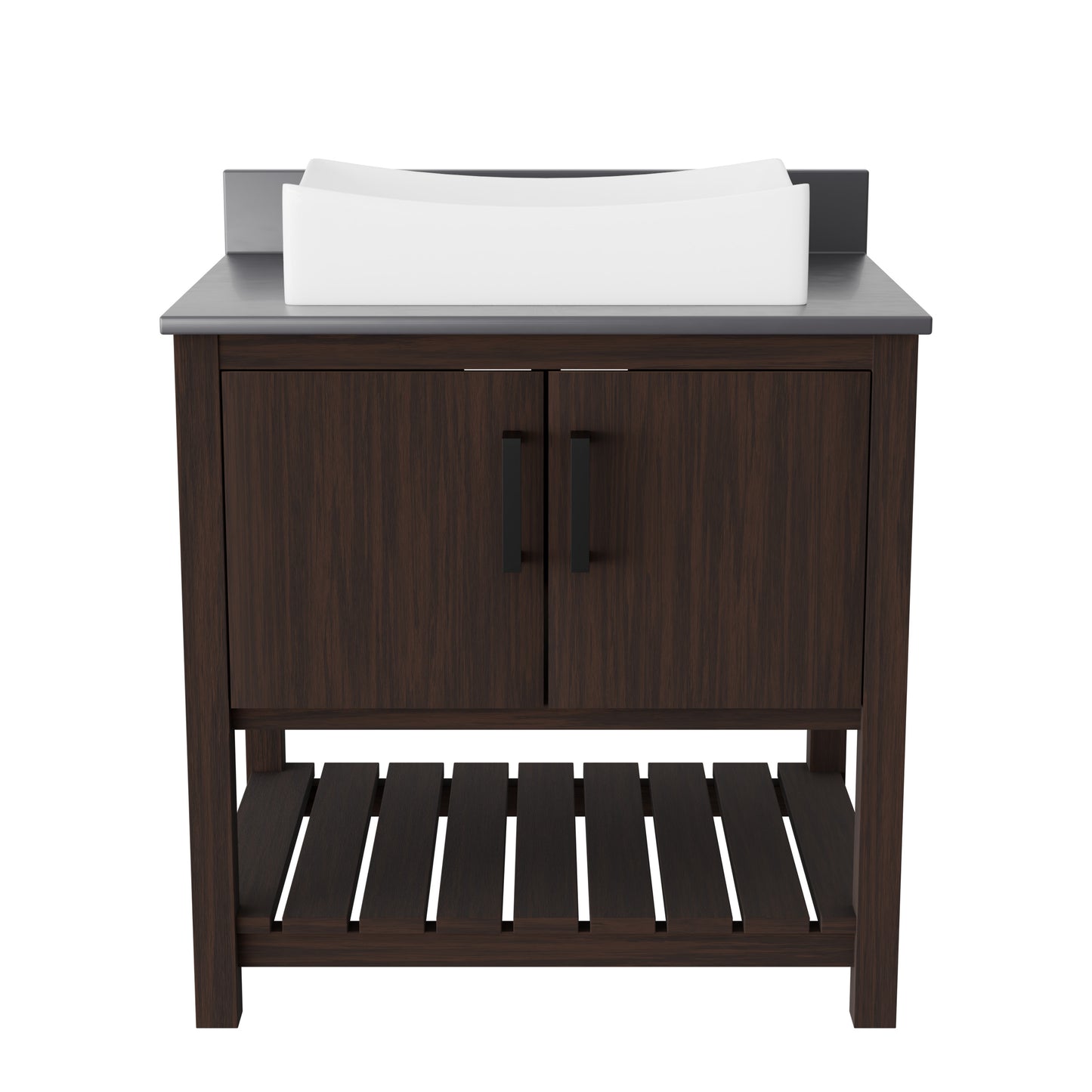 30-inch Novatto bathroom vanity with storm grey quartz countertop and sink, modern accessory for stylish bathroom decor