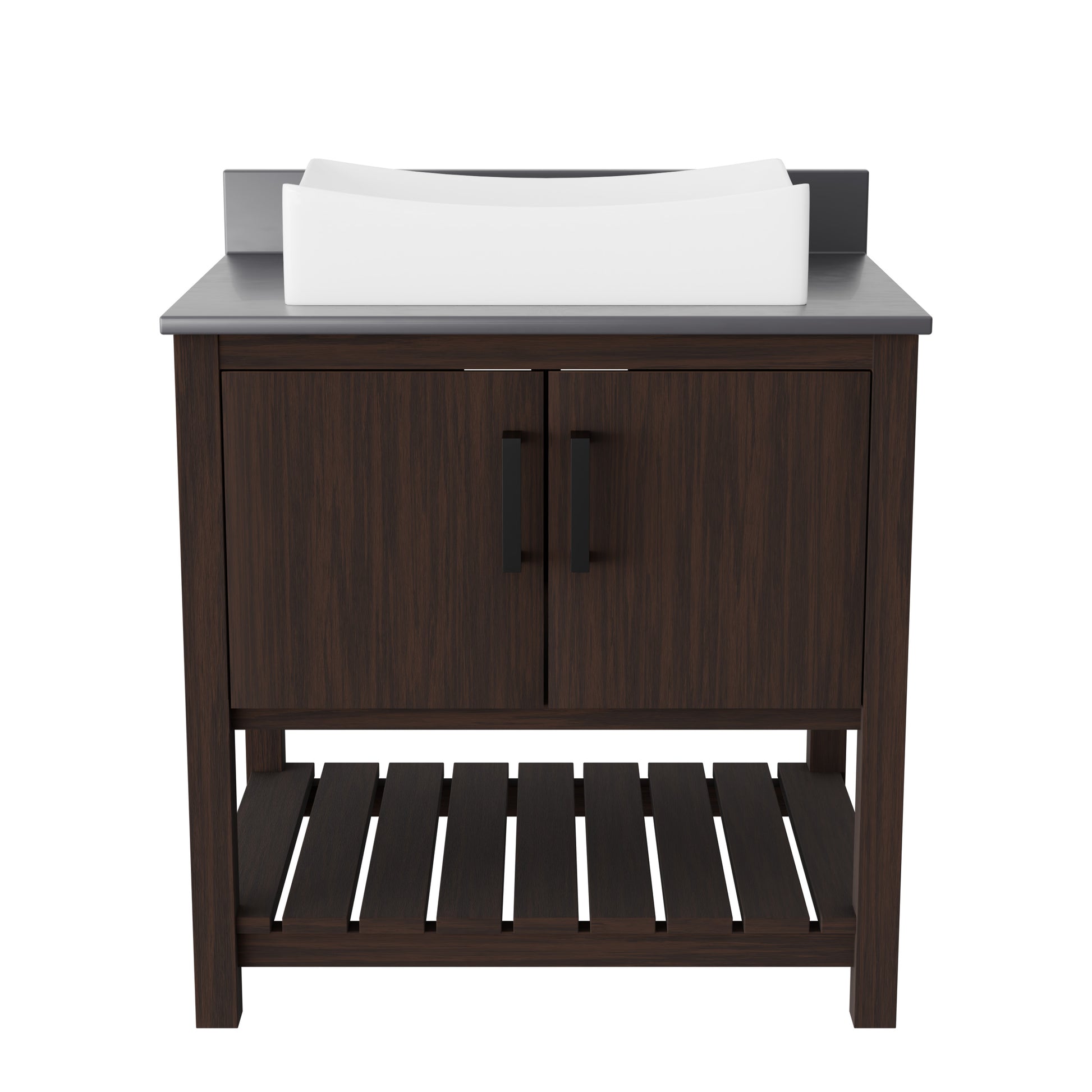 30-inch Novatto bathroom vanity with storm grey quartz countertop and sink, modern accessory for stylish bathroom decor