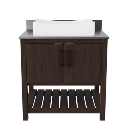 30-inch Novatto bathroom vanity with storm grey quartz countertop and sink, modern accessory for stylish bathroom decor