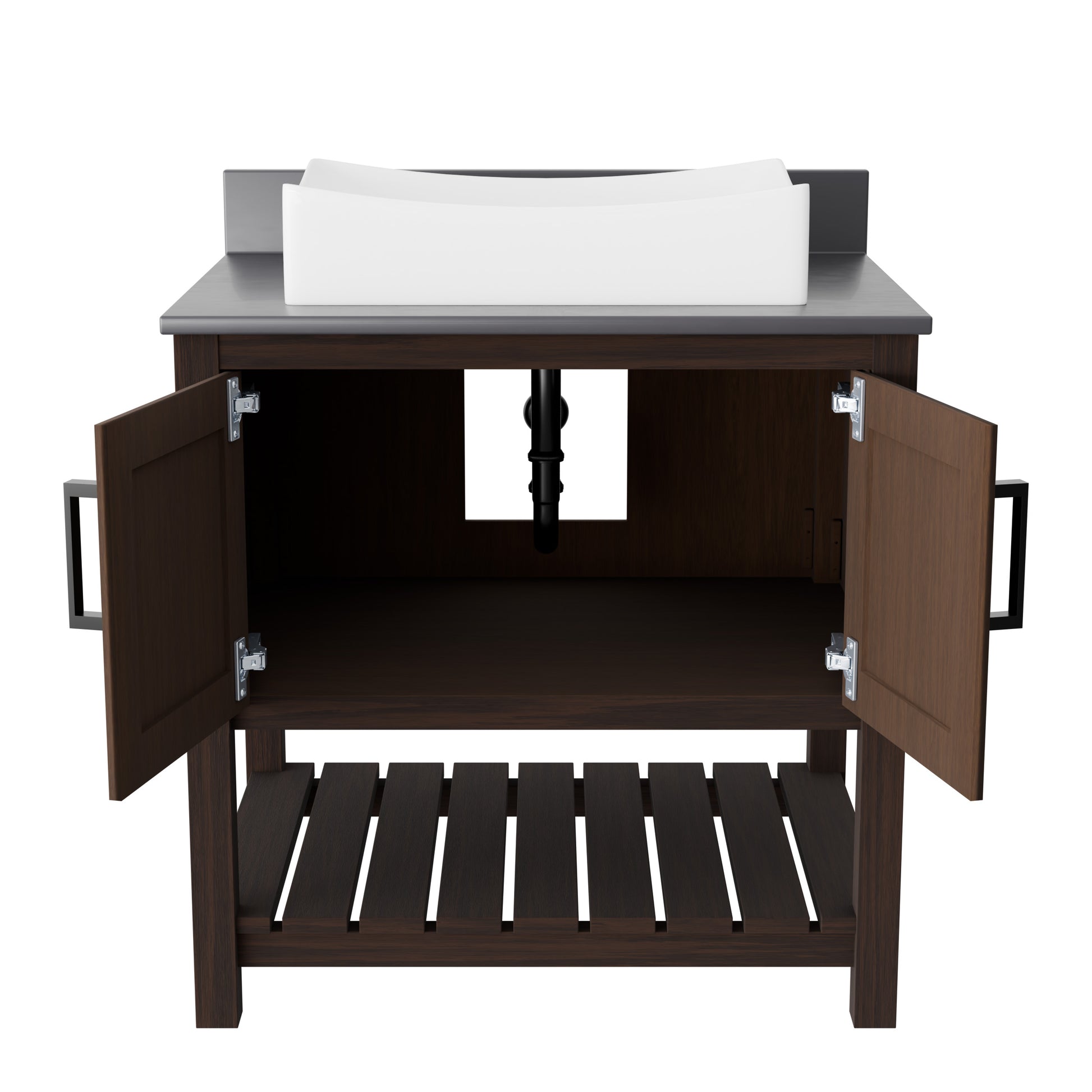 30-inch Novatto bath vanity with storm grey quartz countertop and sink, showcasing sleek bathroom accessory design.