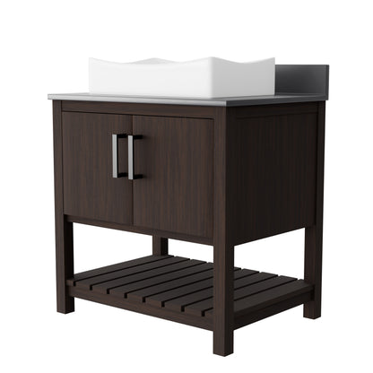 30-inch Novatto bath vanity with storm grey quartz countertop and integrated sink, modern bathroom accessory.