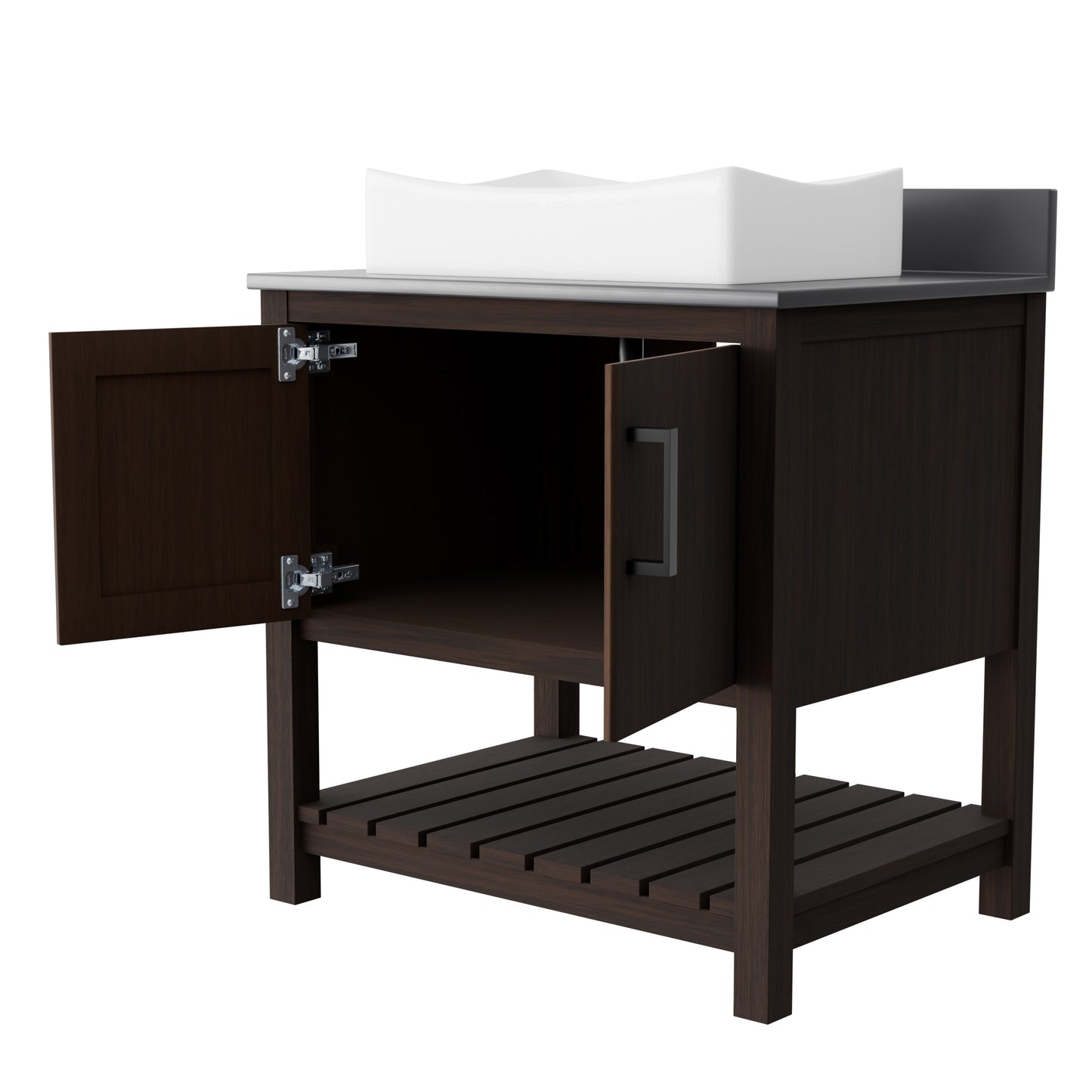 30-inch Novatto bath vanity with storm grey quartz countertop and integrated sink, showcasing sleek bathroom accessory design.