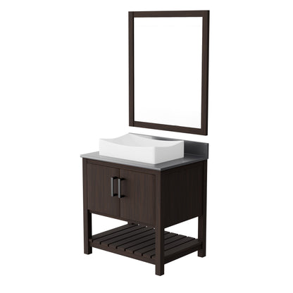 30-inch Novatto bath vanity with storm grey quartz countertop and integrated sink, showcasing modern bathroom accessory design.