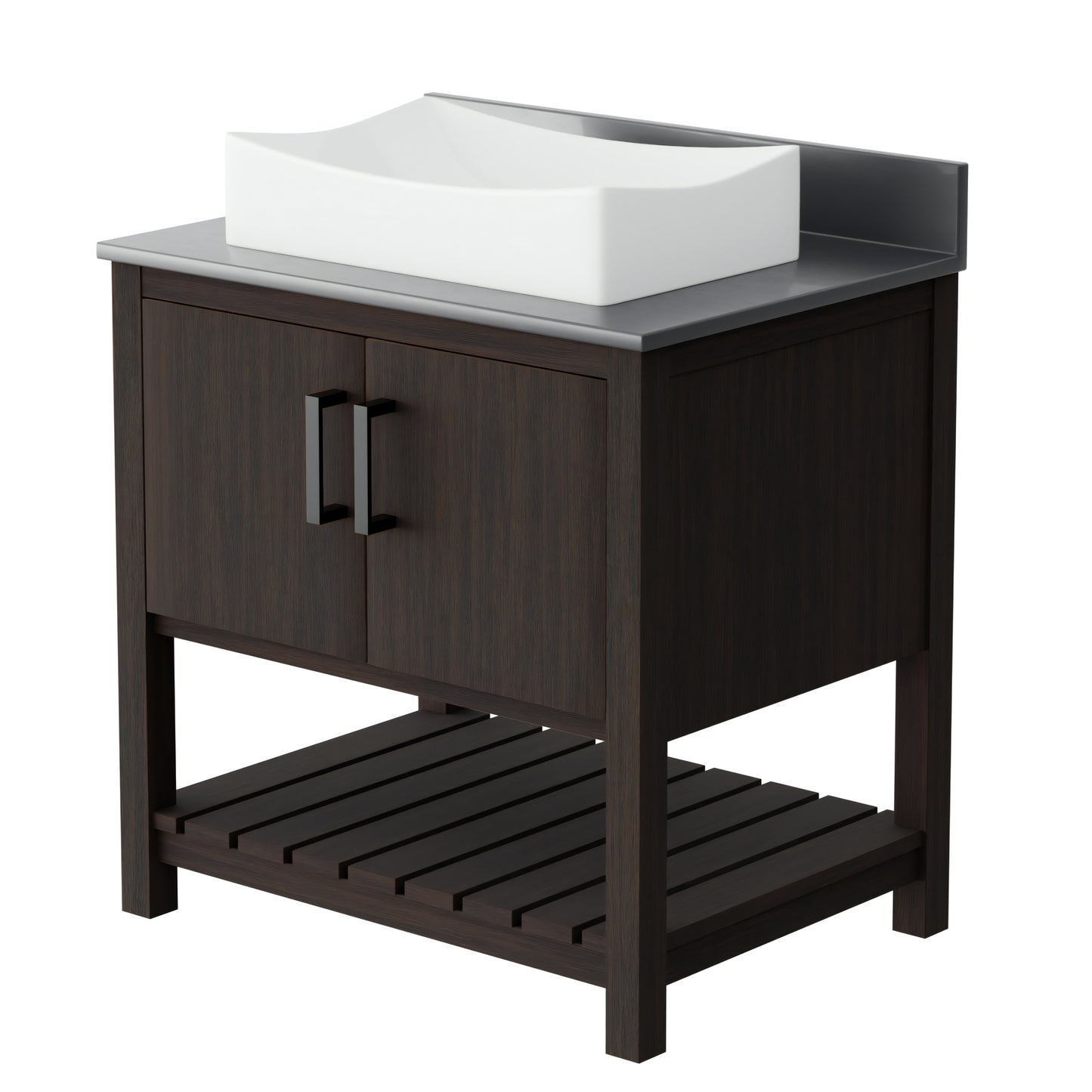 30-inch Novatto bath vanity with storm grey quartz countertop and integrated sink, modern accessory for bathroom decor