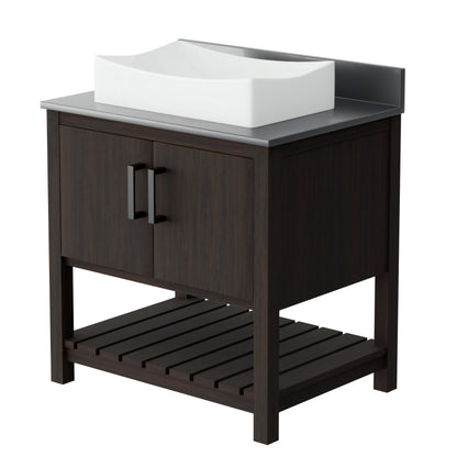 30-inch Novatto bath vanity with storm grey quartz countertop and integrated sink, modern accessory for bathroom decor
