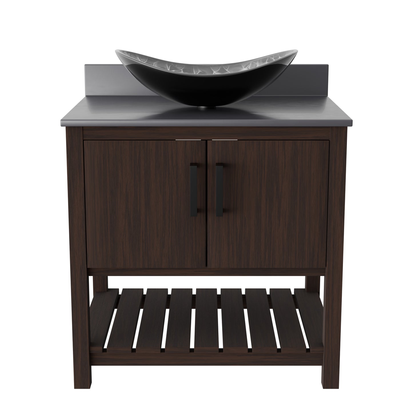 30-inch Novatto bath vanity with storm grey quartz countertop and sink, featuring modern accessory design.