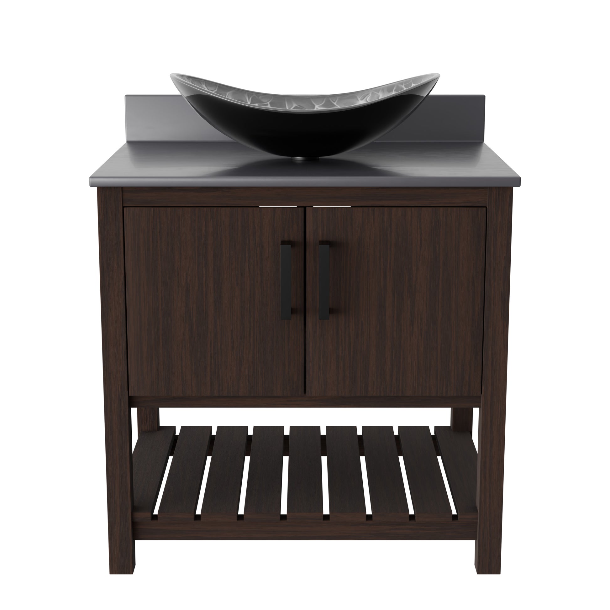 30-inch Novatto bath vanity with storm grey quartz countertop and sink, featuring modern accessory design.