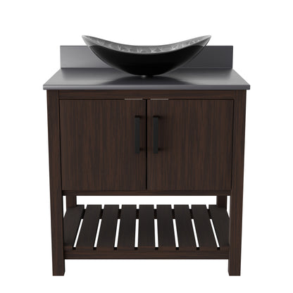 30-inch Novatto bath vanity with storm grey quartz countertop and sink, featuring modern accessory design.