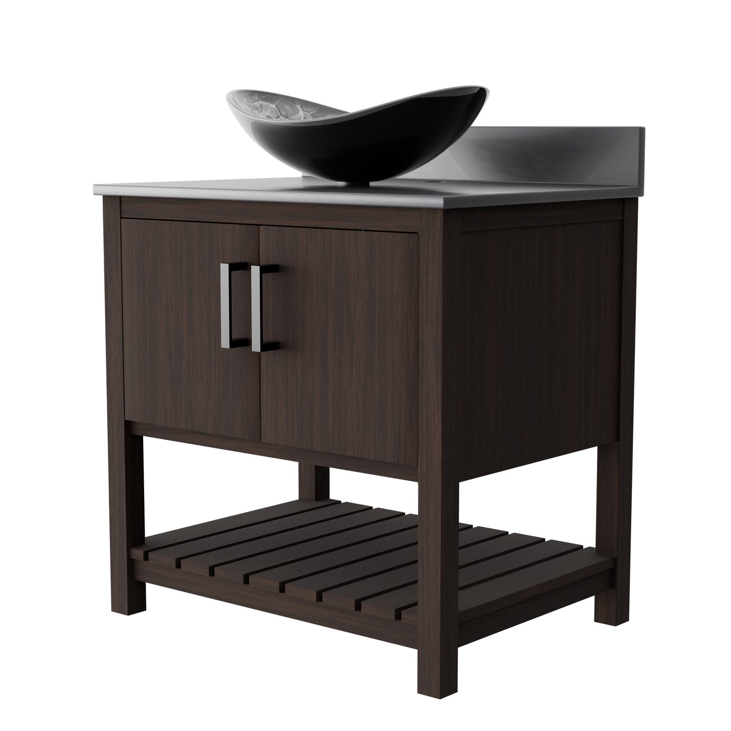 30-inch Novatto bath vanity with storm grey quartz countertop and integrated sink, showcasing modern bathroom accessory design.