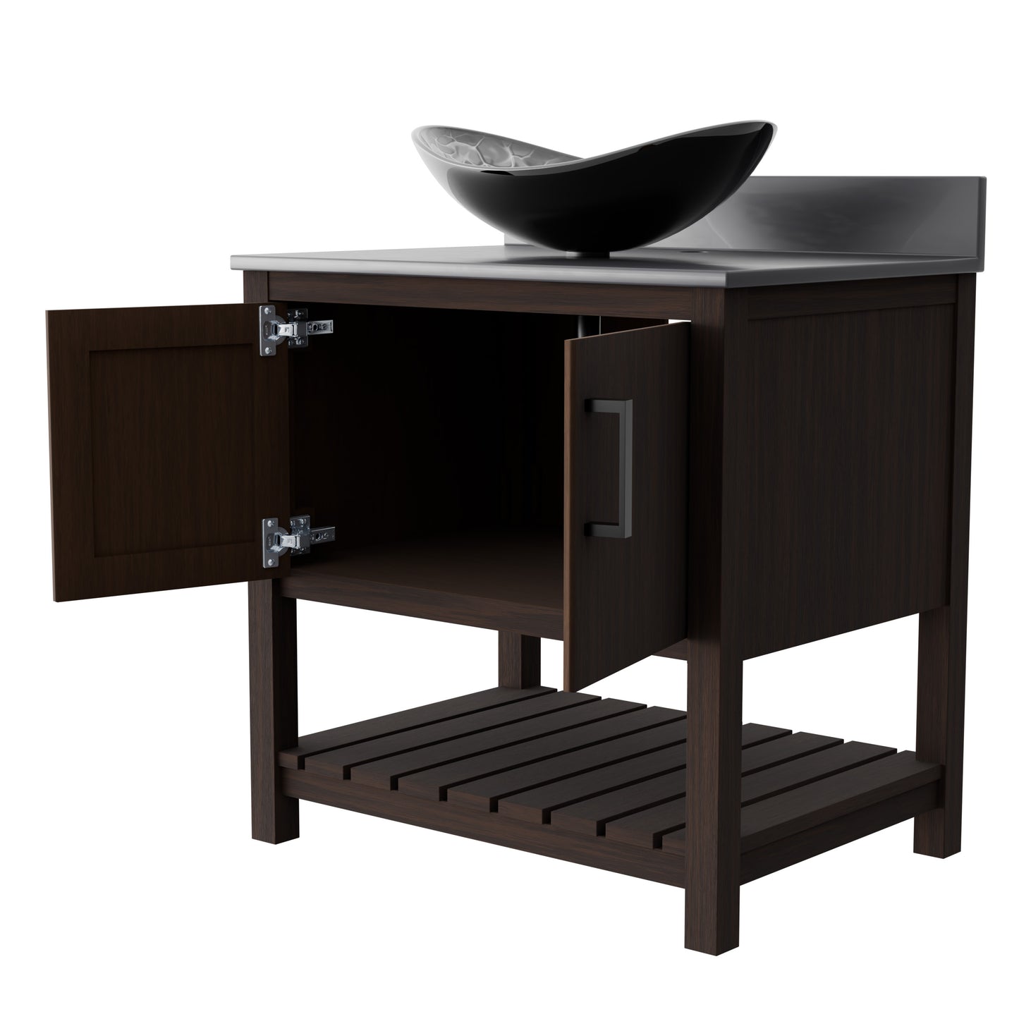 30-inch Novatto bath vanity with storm grey quartz countertop and built-in sink, modern bathroom accessory.