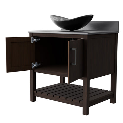 30-inch Novatto bath vanity with storm grey quartz countertop and built-in sink, modern bathroom accessory.