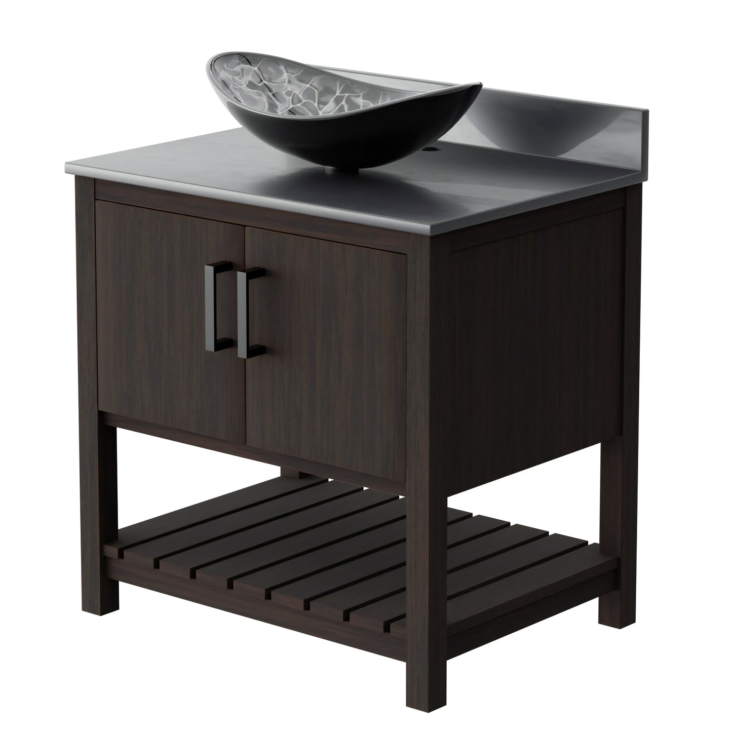 30-inch Novatto bath vanity with storm grey quartz countertop and integrated sink, showcasing sleek bathroom accessory design.