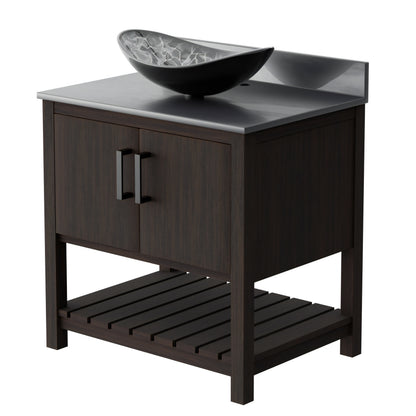 30-inch Novatto bath vanity with storm grey quartz countertop and integrated sink, showcasing sleek bathroom accessory design.