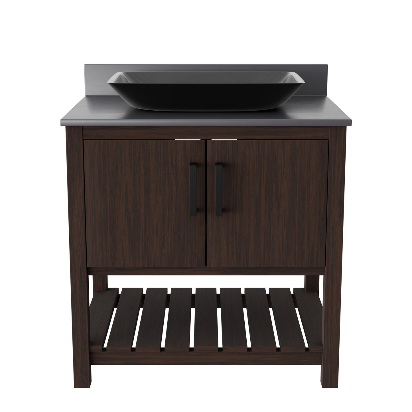 30-inch Novatto bath vanity with storm grey quartz counter and sink, showcasing modern bathroom accessory design.