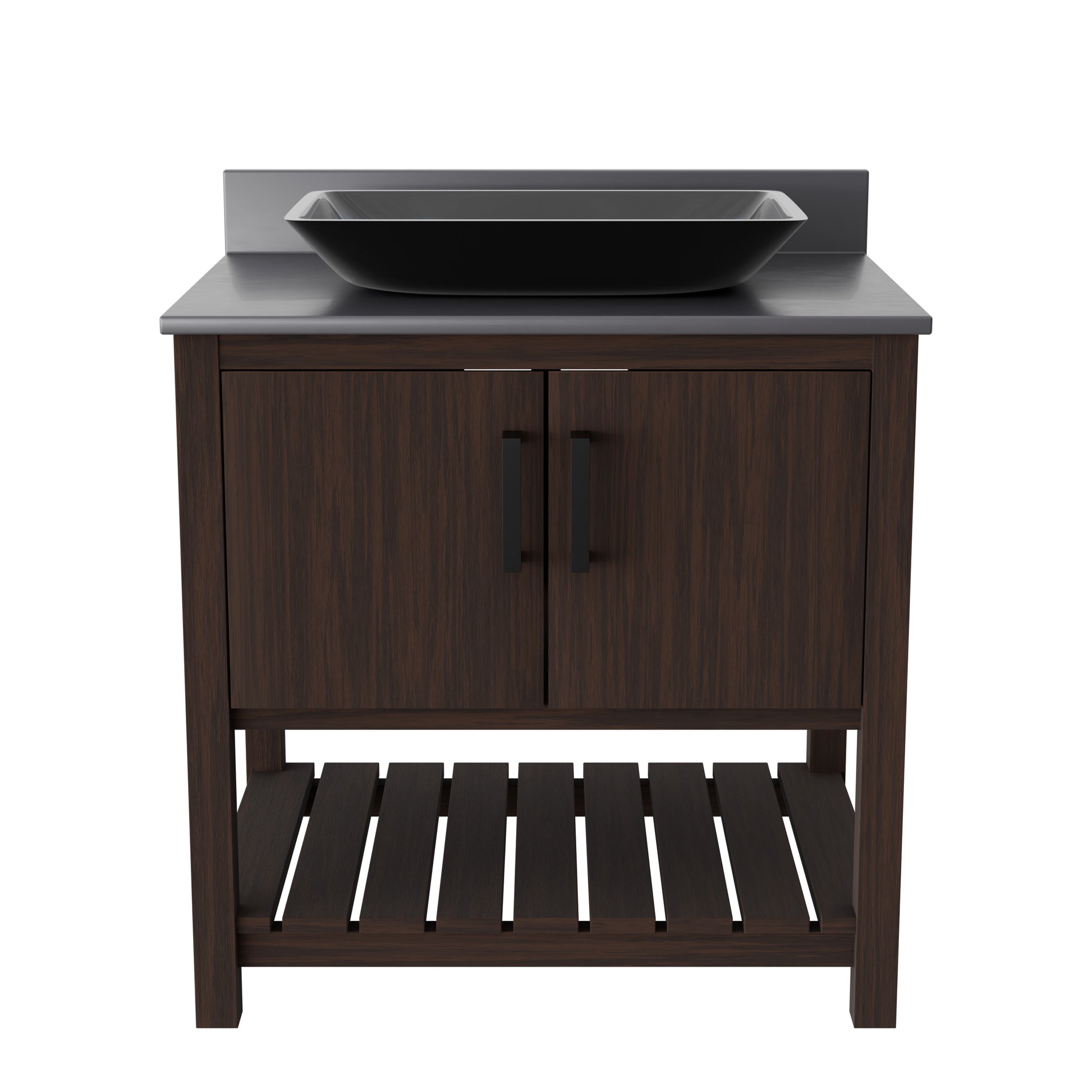 30-inch Novatto bath vanity with storm grey quartz counter and sink, showcasing modern bathroom accessory design.