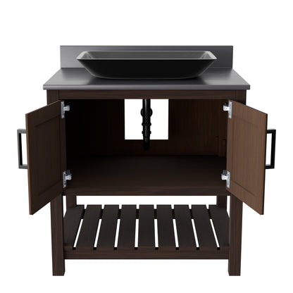 30-inch Novatto bath vanity with storm grey quartz countertop and sink, showcasing sleek bathroom accessory design.