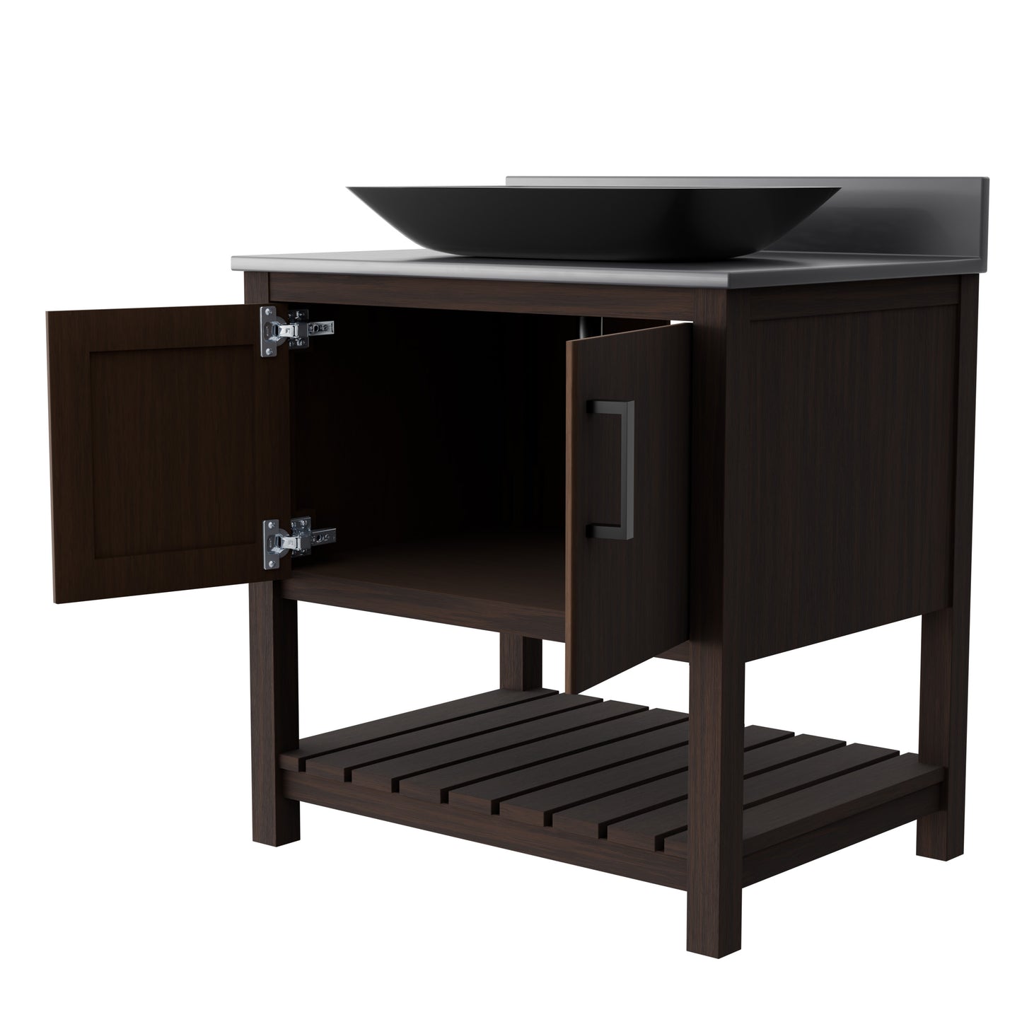 30-inch Novatto bath vanity with storm grey quartz countertop and integrated sink, modern bathroom accessory