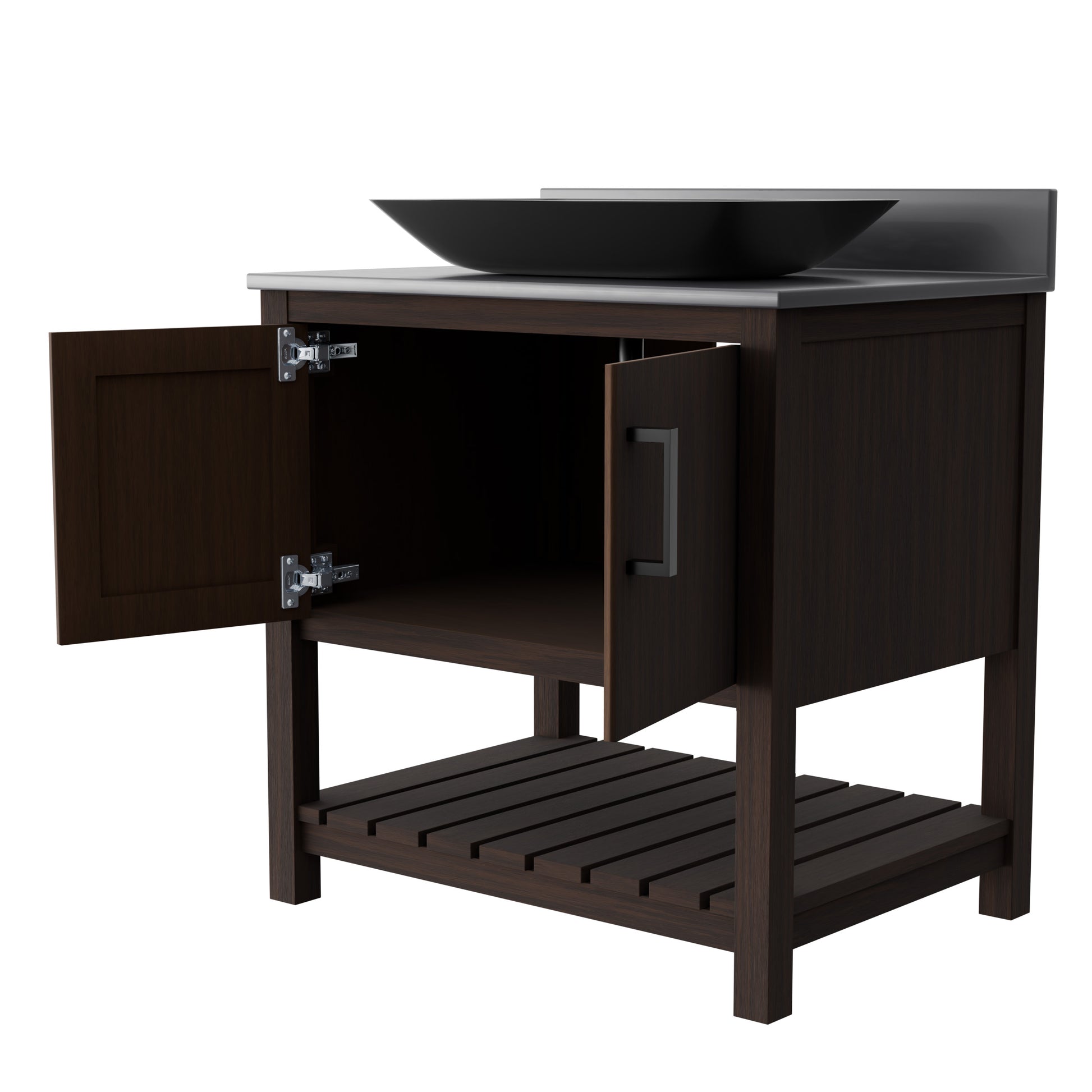 30-inch Novatto bath vanity with storm grey quartz countertop and integrated sink, modern bathroom accessory