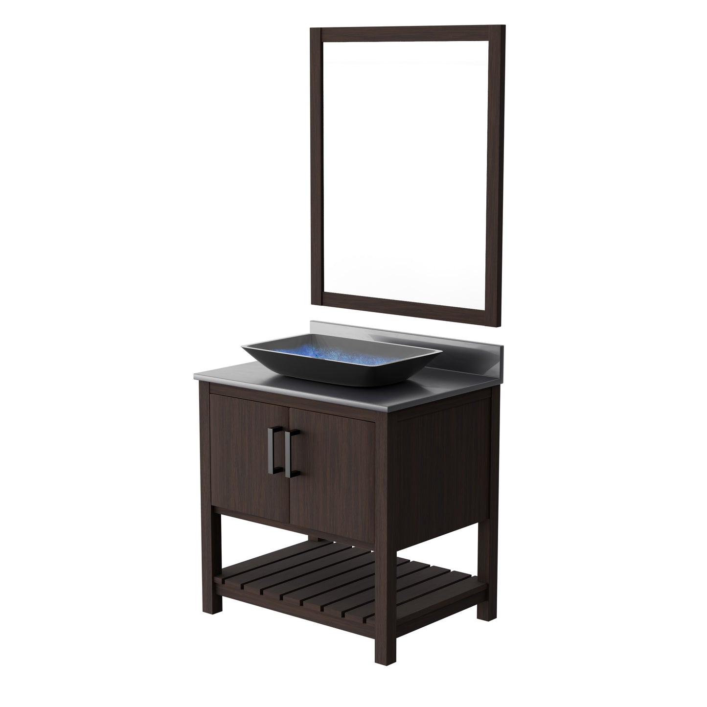 30-inch Novatto bath vanity with storm grey quartz countertop and integrated sink, showcasing modern bathroom accessory design.