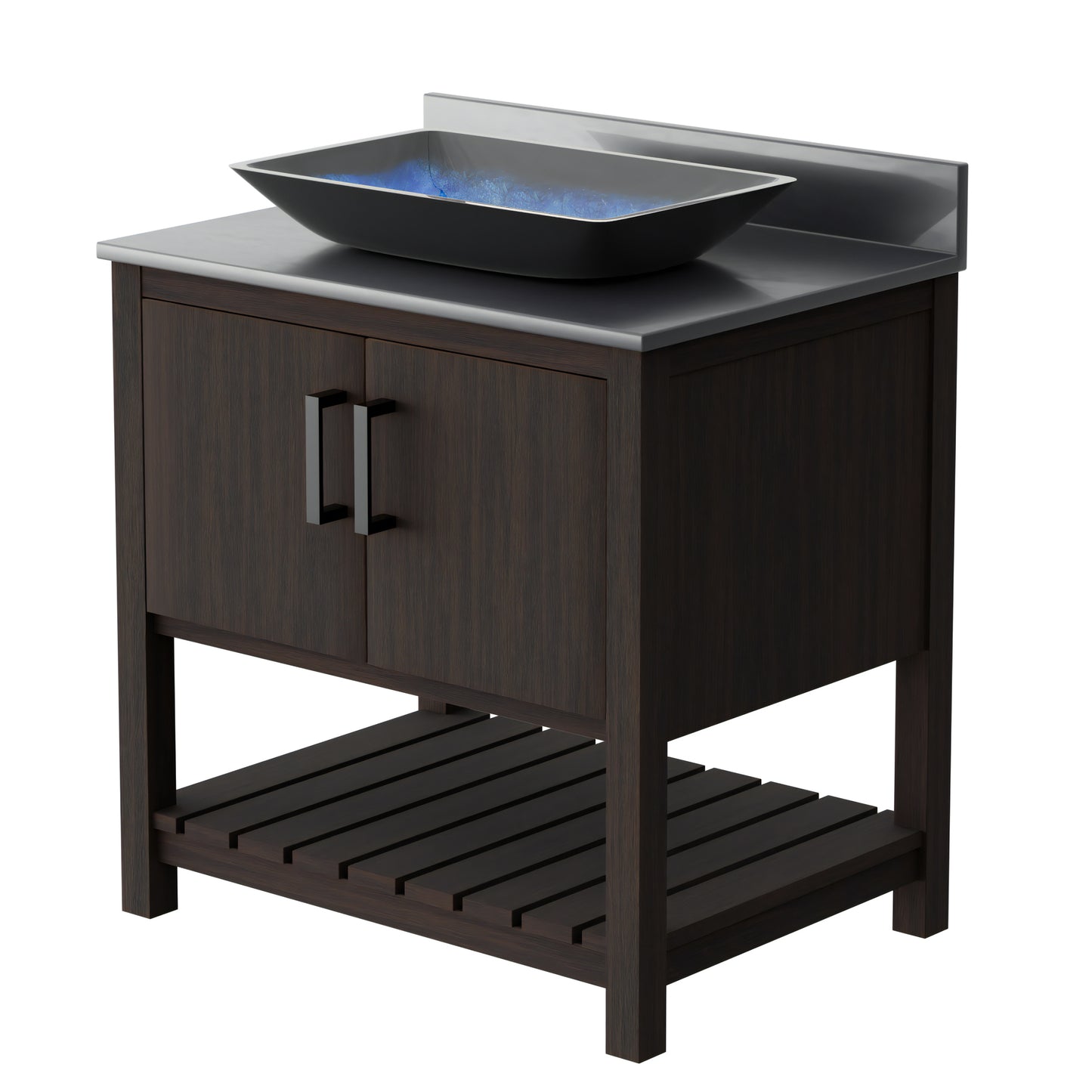 30-inch Novatto bath vanity with storm grey quartz countertop and integrated sink, showcasing the modern bathroom accessory.