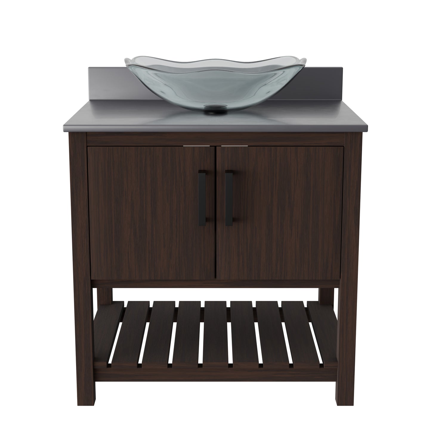 30-inch Novatto bath vanity with storm grey quartz countertop and sink, showcasing its sleek, modern design and high-quality materials.