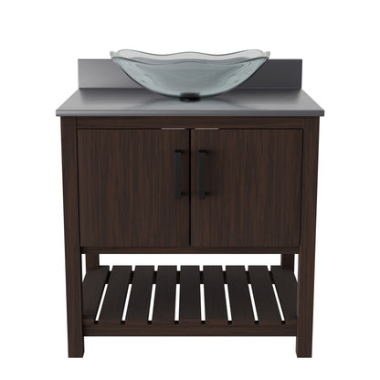 30-inch Novatto bath vanity with storm grey quartz countertop and sink, showcasing its sleek, modern design and high-quality materials.