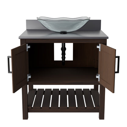30-inch Novatto bath vanity with storm grey quartz countertop and sink, showcasing elegant bathroom accessory design