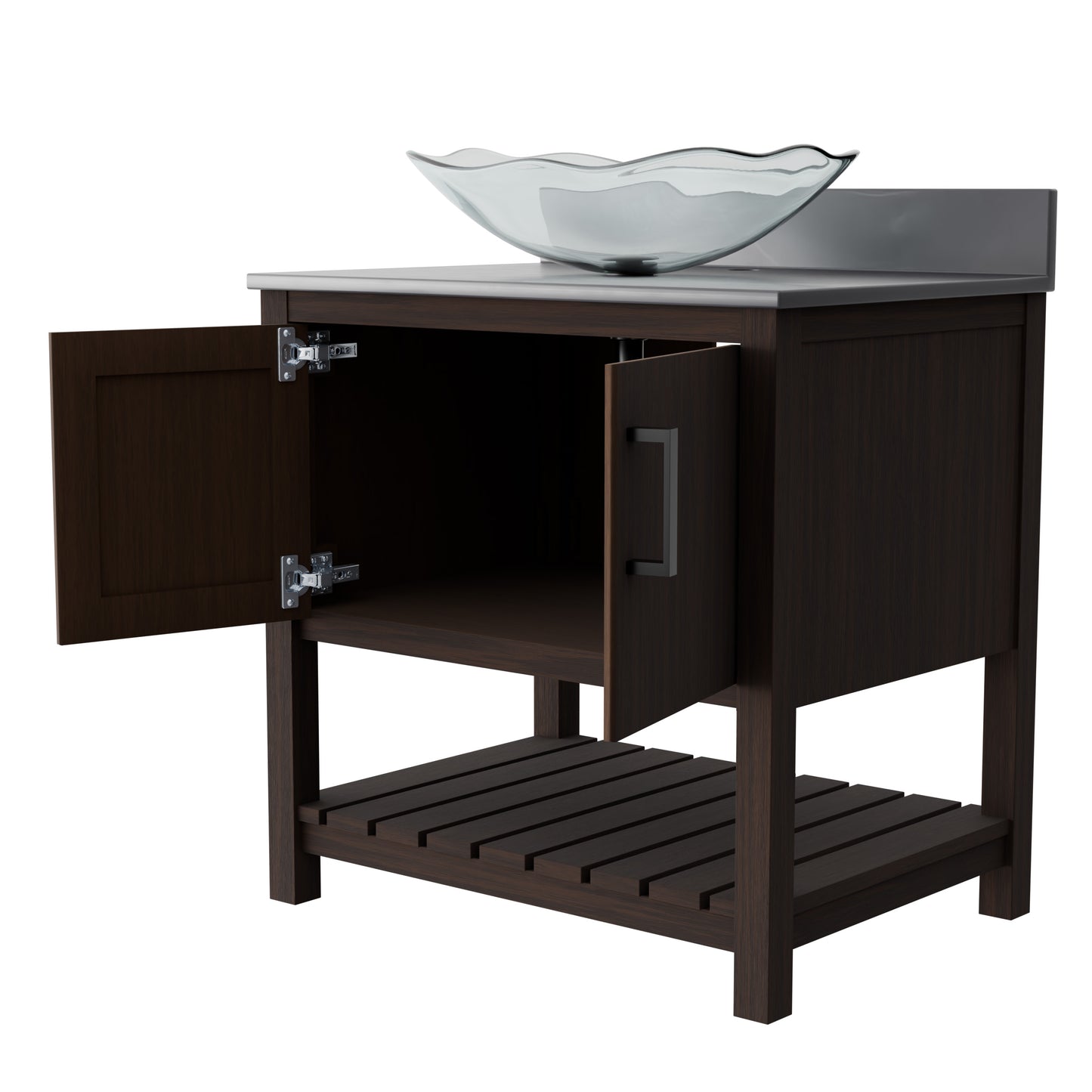 30-inch Novatto bath vanity with storm grey quartz countertop and sink, showcasing sleek bathroom accessory design.