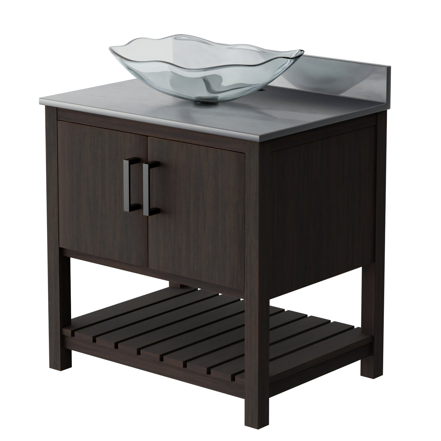 30-inch Novatto bath vanity with storm grey quartz countertop and integrated sink, showcasing a sleek bathroom accessory.