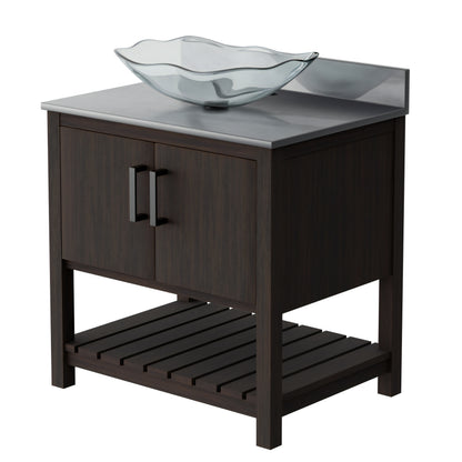 30-inch Novatto bath vanity with storm grey quartz countertop and integrated sink, showcasing a sleek bathroom accessory.
