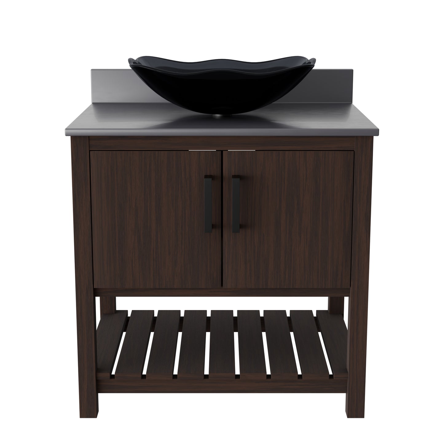 Novatto 30-inch bath vanity with storm grey quartz countertop and integrated sink, showcasing sleek, modern bathroom accessory design.