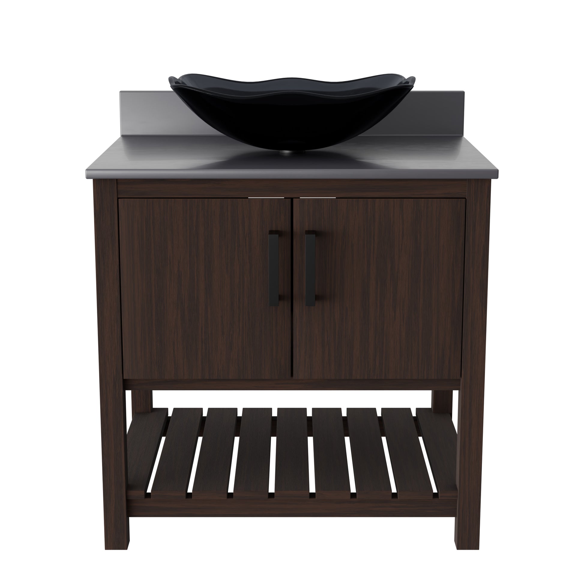 Novatto 30-inch bath vanity with storm grey quartz countertop and integrated sink, showcasing sleek, modern bathroom accessory design.