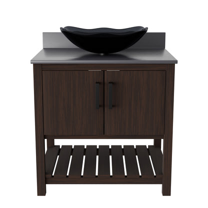Novatto 30-inch bath vanity with storm grey quartz countertop and integrated sink, showcasing sleek, modern bathroom accessory design.