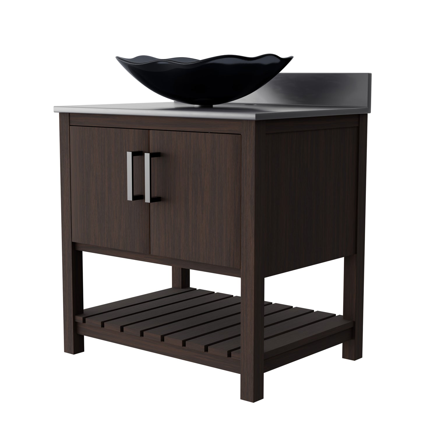 30-inch Novatto bath vanity with storm grey quartz countertop and sink, showcasing a modern bathroom accessory design.