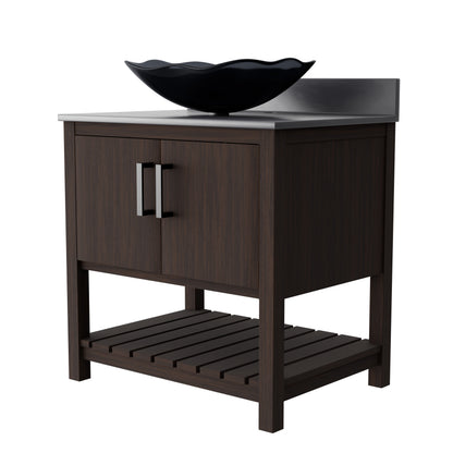 30-inch Novatto bath vanity with storm grey quartz countertop and sink, showcasing a modern bathroom accessory design.